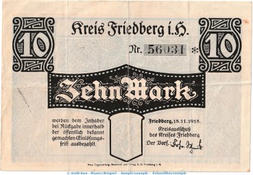 Notgeld Kreis Friedberg , 10 Mark Schein in gbr. Geiger 161.02.a , von 1918 , Hessen Grossnotgeld