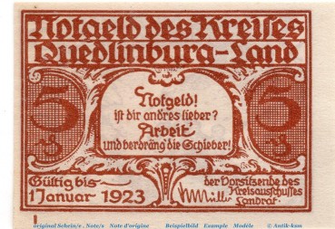 Quedlinburg , Notgeld 5 Pfennig Schein L in kfr. M-G 1089.1.a , Sachsen Anhalt Seriennotgeld