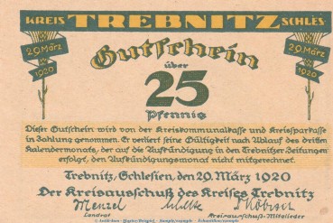 Notgeld Kreis Trebnitz , 25 Pfennig Schein in kfr. Tieste 7400.10.01 , März 1920 , Schlesien Verkehrsausgabe