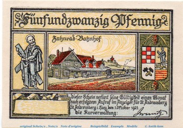 Notgeld Kurverwaltung St. Andreasberg 1164.1.b , 25 Pfennig Schein in kfr. von 1921 , Niedersachsen Seriennotgeld