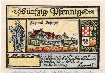 Notgeld Kurverwaltung St. Andreasberg 1164.1.b , 50 Pfennig Schein in kfr.  von 1921 , Niedersachsen Seriennotgeld