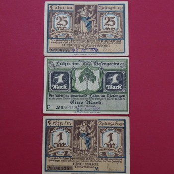 Notgeld Lähn , Städtische Sparkasse , Schlesien , Polen Wlen , Satz mit 3 Scheinen in kassenfrischer und gebrauchter Erhaltung , Seriennotgeld , 1 x 756.1 A , 2 x 756.3 A , von 1922