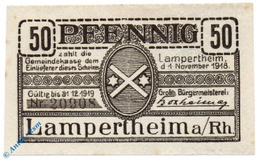 Notgeld Lampertheim , 50 Pfennig Schein 10 mm , Tieste 3815.05.10 , von 1918 , Hessen Verkehrsausgabe