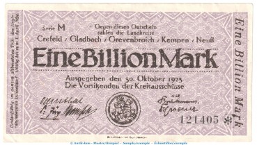 Notgeld Landkreise Crefeld u.w. 1 Billion Mark Schein in L-gbr. Keller 914.a von 1923 , Rheinland Inflation