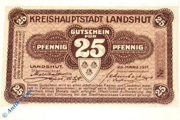 Notgeld Landshut , 25 Pfennig Musterschein Ohne Kennummer , Tieste 3845.05.01.M , von 1917 , Bayern Verkehrsausgabe