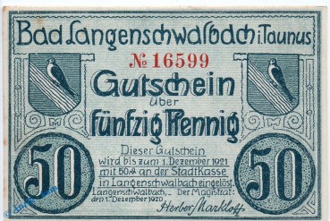 Notgeld Langenschwalbach , 50 Pfennig Schein in kfr. Mehl Grabowski 771.1 , von 1920 , Hessen Seriennotgeld