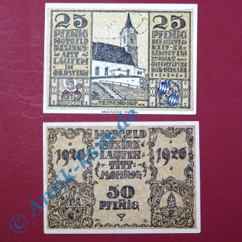 Notgeld Laufen , Satz mit 2 Scheinen , Tieste 3925.20 und 30 , von 1920 , Bayern Verkehrsausgabe