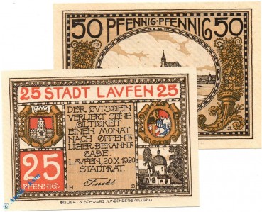 Notgeld Laufen , Set mit 2 Scheinen , Tieste 3920.10.01 und 02 , von 1920 , Bayern Verkehrsausgabe