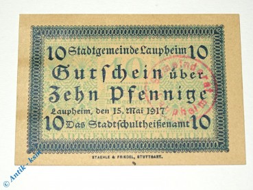 Notgeld Laupheim , 10 Pfennig Schein , Tieste 3930.05.02.A , von 1917 , Württemberg Verkehrsausgabe