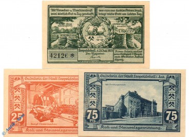 Notgeld Leopoldshall , Set mit 3 Scheinen , Serie 4 , Mehl Grabowski 794.4 , von 1921 , Sachsen Anhalt Seriennotgeld