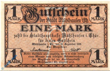 Notgeld Mühlhausen , 1 Mark Schein , Geiger 364.06 , von 1918 , Thüringen Großnotgeld