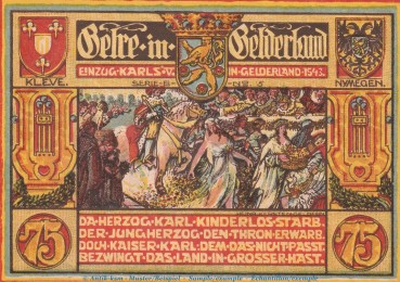 Notgeld Männergesangsverein Geldern 415.2 , 75 Pfennig Schein -B- Nr.5 in kfr. von 1921 , Westfalen Seriennotgeld