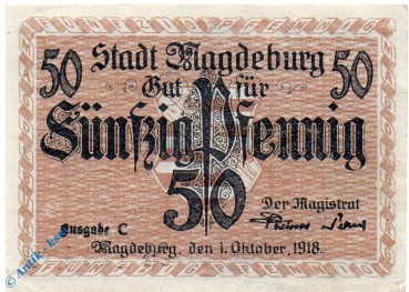 Notgeld Magdeburg , 50 Pfennig Schein , Ausg C , Tieste 4330.40.10 , von 1918 , Sachsen Verkehrsausgabe