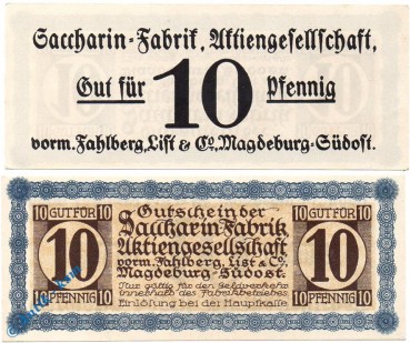 Notgeld Magdeburg , Saccarin Fabrik , 10 Pfennig Schein , Tieste 4340.05.11 , Sachsen Verkehrsausgabe