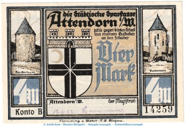 Notgeld Magistrat Attendorn 51.1.b , 4 Mark -Datum + Us.- in kfr. o.D. Westfalen Seriennotgeld