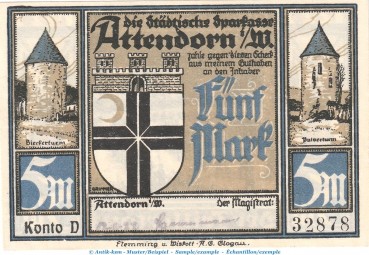 Notgeld Magistrat Attendorn 51.1.b , 5 Mark -Datum + Us.- in kfr. o.D. Westfalen Seriennotgeld