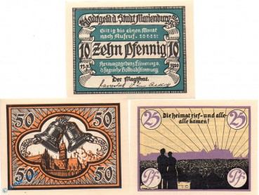 Notgeld Marienburg , Set mit 3 Scheinen in kfr. Mehl Grabowski 870.1 , deutsch West Preussen Seriennotgeld