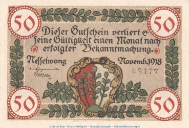 Notgeld Marktgemeinde Nesselwang , 50 Pfennig Schein in kfr. Tieste 4800.05.17 von 1918 , Bayern Verkehrsausgabe