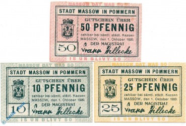 Notgeld Massow , Set mit 3 Scheinen , Tieste 4435.05.01 bis 03 , von 1920 , Pommern Verkehrsausgabe