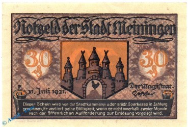 Notgeld Meiningen , 30 Pfennig Schein in kfr. Mehl Grabowski 877.4 , von 1921 , Thüringen Seriennotgeld