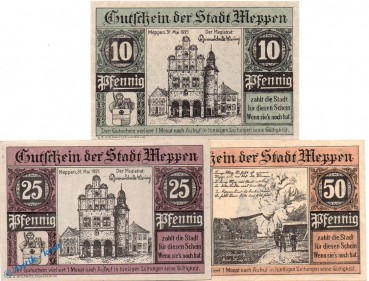 Notgeld Meppen , Set mit 3 Scheinen in kfr. Mehl Grabowski 883.1 , von 1921 , Niedersachsen Seriennotgeld