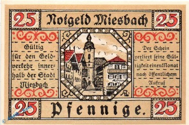 Notgeld Miesbach , 25 Pfennig Schein in kfr. Mehl Grabowski 888.2 , von 1921 , Bayern Seriennotgeld