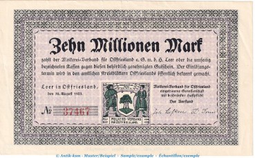 Notgeld Molkereiverband Leer , 10 Millionen Mark Schein in kfr. Keller 2981.a von 1923 , Niedersachsen Inflation