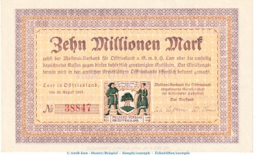 Notgeld Molkereiverband Leer , 10 Millionen Mark Schein in kfr. Keller 2981.b von 1923 , Niedersachsen Inflation