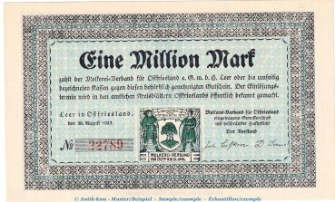 Notgeld Molkereiverband Leer , 1 Million Mark Schein in kfr. Keller 2981.a von 1923 , Niedersachsen Inflation