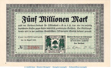 Notgeld Molkereiverband Leer , 5 Millionen Mark Schein in kfr. Keller 2981.a von 1923 , Niedersachsen Inflation