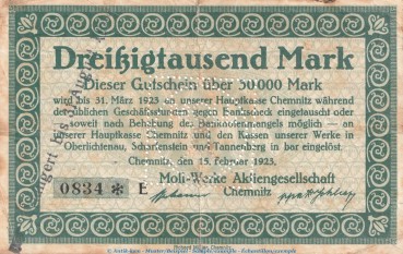 Notgeld Moll Werke Chemnitz , 30.000 Mark Schein in gbr. Keller 808.a von 1923 , Sachsen Inflation