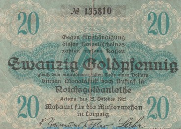 Notgeld Mustermessen Leipzig , 20 Gold Pfennig Schein in gbr. Müller 3010.3 von 1923 , Sachsen wertbeständiges Notgeld