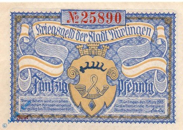 Notgeld Nürtingen , 50 Pfennig Schein , Tieste 5200.10.05 , von 1918 , Württemberg Verkehrsausgabe