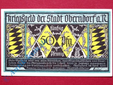 Notgeld Oberndorf , Einzelschein über 50 Pfennig , Tieste 5275.01 , von 1918 , Württemberg Verkehrsausgabe