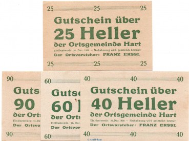 Notgeld Ortsgemeinde Hart S.351.I.b grün , Set mit 4 Scheinen in kfr. o.D. Notgeld Oberösterreich