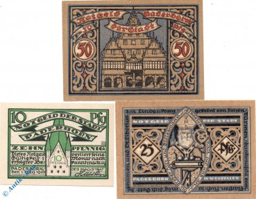 Notgeld Paderborn , Set mit 3 Scheinen , Tieste 5480.15.01 - 07 , von 1920 , Westfalen Verkehrsausgabe