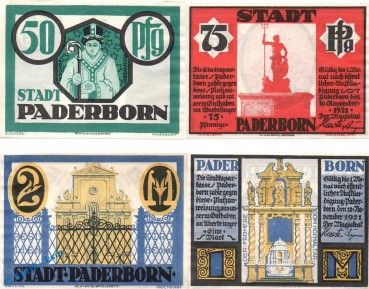 Notgeld Paderborn , Set mit 4 Scheinen in kfr. Bischöfe und Bauten , Mehl Grabowski 1043.1 , von 1921 , Westfalen Seriennotgeld