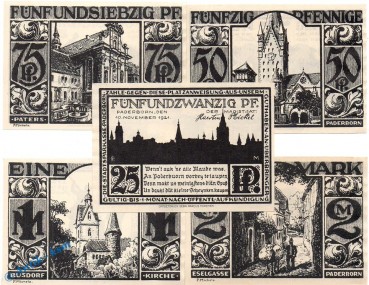 Notgeld Paderborn , Set mit 5 Scheinen in kfr. mit Wz , Mehl Grabowski 1043.4 , von 1921 , Nordrhein Westfalen Seriennotgeld