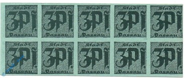 Notgeld Passau , 10er Bogen 3 Pfennig , schwarzblaugrün hellbläulichgrün , Tieste 5515.05.090 ? , Sachsen Verkehrsausgabe