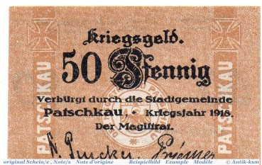 Notgeld Patschkau , 50 Pfennig Schein in kfr. Tieste 5520.05.12 , von 1918 , Schlesien Verkehrsausgabe