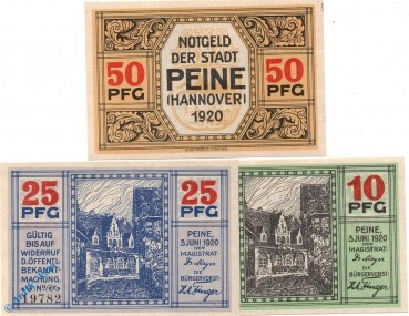 Notgeld Peine , Set mit 3 Scheinen , Tieste 5540.10.05 bi 07 , von 1920 , Niedersachsen Verkehrsausgabe