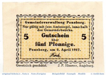 Notgeld Penzberg , 5 Pfennig Schein in kfr. Tieste 5560.05.20 , von 1917 , Bayern Verkehrsausgabe