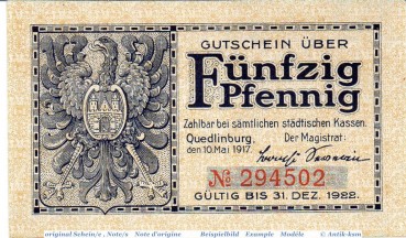 Notgeld Quedlinburg , 50 Pfennig Schein in kfr. Tieste 5835.25.11 , von 1917 , Sachsen Anhalt Verkehrsausgabe