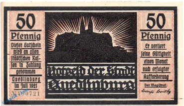 Notgeld Quedlinburg , 50 Pfennig Schein Nr 6 in kfr. orange , Mehl Grabowski 1087.4 , von 1921 , Sachsen Anhalt Seriennotgeld