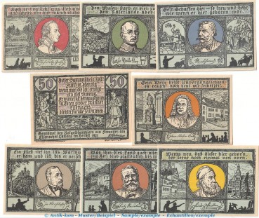 Notgeld R. Dahms Eisenach 318.2 , Set mit 8 Scheinen in kfr. von 1921 , Thüringen Seriennotgeld