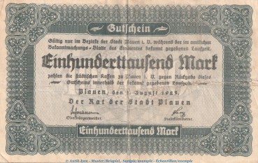 Notgeld Rat der Stadt Plauen , 100.000 Mark Schein in gbr. Keller 4330.c von 1923 , Sachsen Inflation