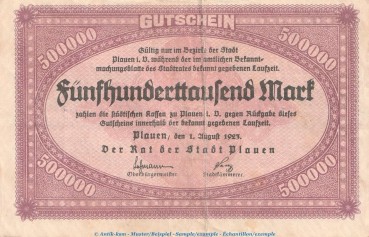 Notgeld Rat der Stadt Plauen , 500.000 Mark Schein in gbr. Keller 4330.b von 1923 , Sachsen Inflation