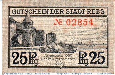 Notgeld Rees , 25 Pfennig Schein in kfr. Tieste 5950.05.05 , von 1920 , Rheinland Verkehrsausgabe