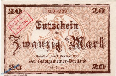 Notgeld Rudolstadt , 20 Mark Schein in kfr. E , Geiger 456.03 , 01.12.1918 , Thüringen Großnotgeld