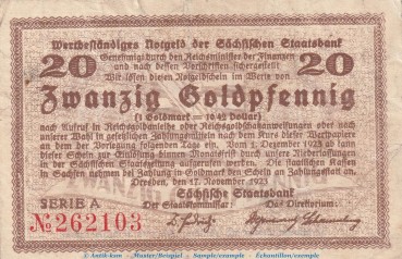 Notgeld Sächsische Staatsbank Dresden , 20 Gold Pfennig Schein in gbr. Müller 1460.4 von 1923 , Sachsen wertbeständiges Notgeld